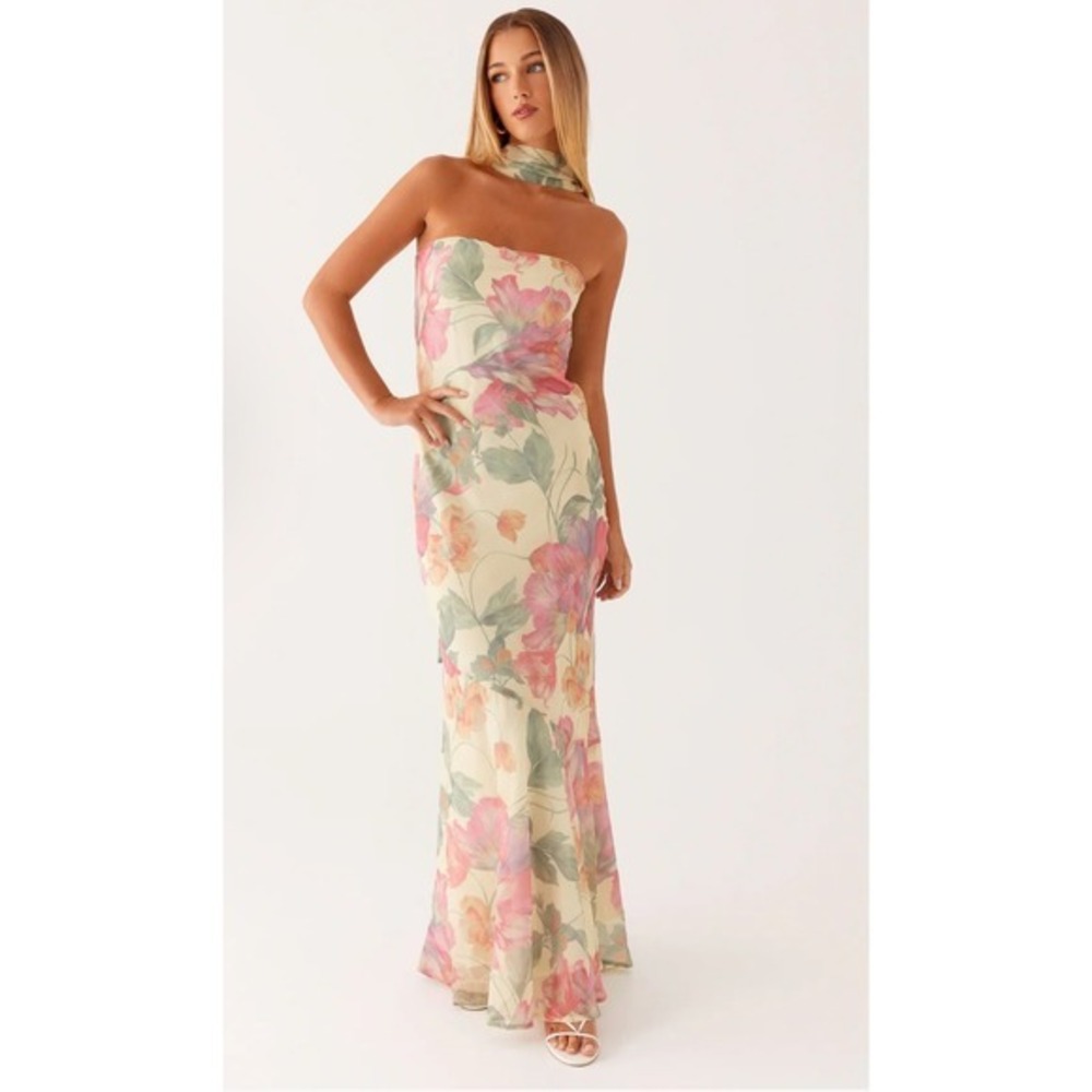 Peppermayo Under The Pagoda Maxi Dress Women 2 Cream Floral Strapless Scarf Neck